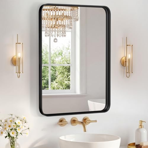 NEWBULIG 22"x30" Wall Mirror, Bathroom Mirrors for Over Sink, Black | Matte Metal Framed Vanity Mirror with Tempered Glass, Entryway, Living Room, Bedroom