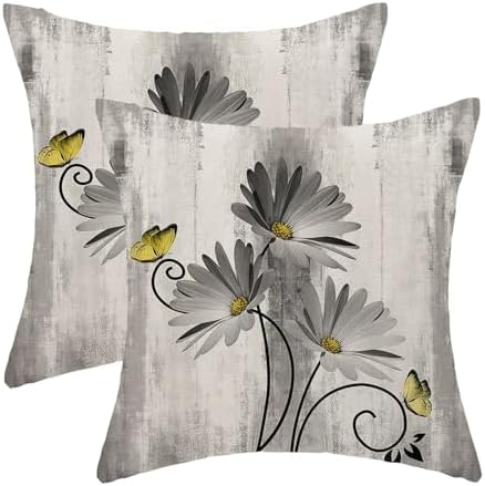 Grey Yellow Floral Pillow Covers 18 x 18 Inch Set of 2 Daisy Floral Butterfly Decorative Throw Pillow Covers Linen Rustic Farmhouse Cushion Cases for Home Sofa Couch Living Room Decor