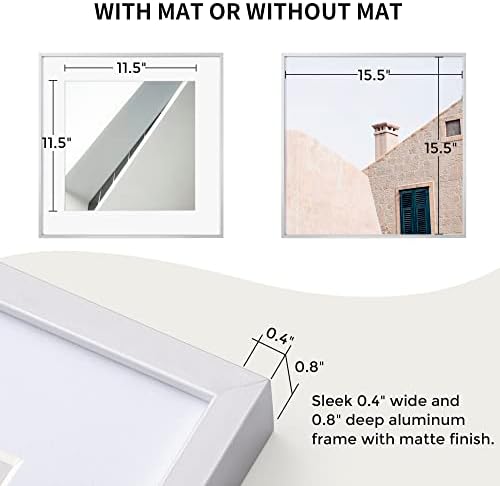 16x16 Metal Picture Frame with 12x12 Mat, Brushed Aluminum Finish, Tempered Glass Front, and Attached Hanging Hardware - Versatile Wall Display Frames for Vertical or Horizontal Orientation(Silver,