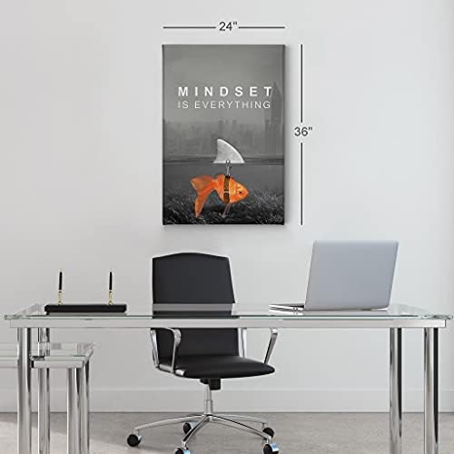 Smile Art Design Mindset is Everything Wall Art Canvas Print Black and White Goldfish Shark Entrepreneur Inspirational Motivational Quote Living Room Office Decor Ready to Hang 22x15