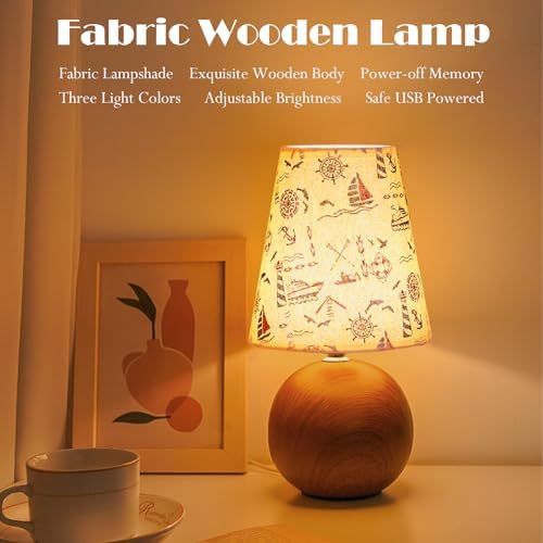 Vintage Wooden Night Lamp, Wood Base Fabric Lampshade, Adjustable Light Color and Brightness with Power-Off Memory, Safe USB Powered, Retro LED Table Light for Bedroom Living Room Office (Voyage)