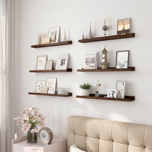 Acovy Floating Shelves Set of 6, 24 Inch Wall Mounted Picture Ledge Shelf with Lip, Walnut Display Shelves for Living Room, Bedroom, Nursery, Bathroom & Kitchen