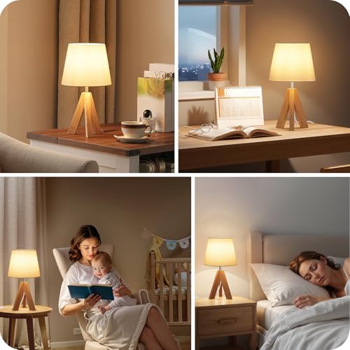 Wood Bedside Lamps Set of 2, Small Tripod Table Lamp, Modern Nightstand Lamp with Fabric Shade, Boho Bedside Wood Desk Lamp for Bedroom, Kids Room, Living Room, Study, White W51TLP205