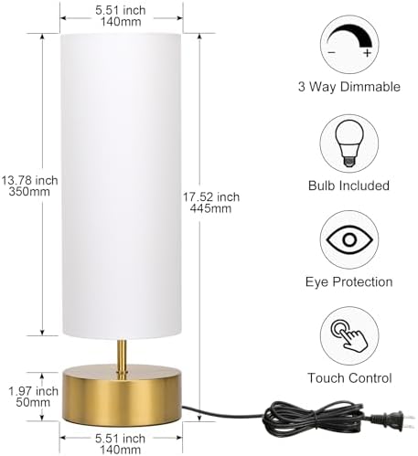 3-Way Dimmable Table Lamp, Touch Control Gold Bedside Lamp with White Shade
