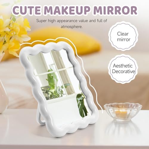 Philbinden Cute Wave-Shaped Desk Vanity Makeup Mirror,Portable Aesthetic Folding Mirror Travel Make Up Mirror for Standing/Hanging,Home Decorations Mirror for Women Girls (1, White)