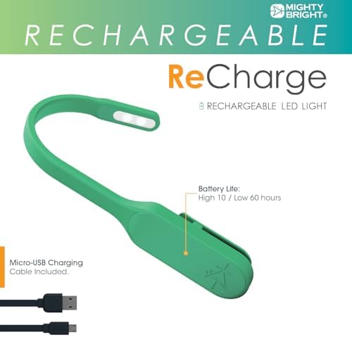 The Original Mighty Bright Recharge Clip On Rechargeable Book Light Reading Light, Warm Eye Care LEDs, Flexible, Durable, Dimmable, Perfect for Kids, Bookworms, Reading in Bed, Lasts 60 Hours (Green)