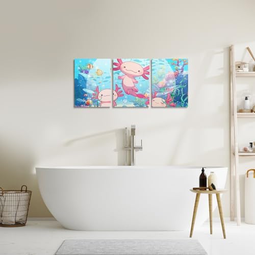 Feelyou 3 Piece Pink Axolotl Framed Canvas Wall Art for Living Room Kawaii Sea Animal Wall Decor for Bedroom Salamander Office Wall Decor Cute Sea Creature Wall Painting Artwork Art Home Decor