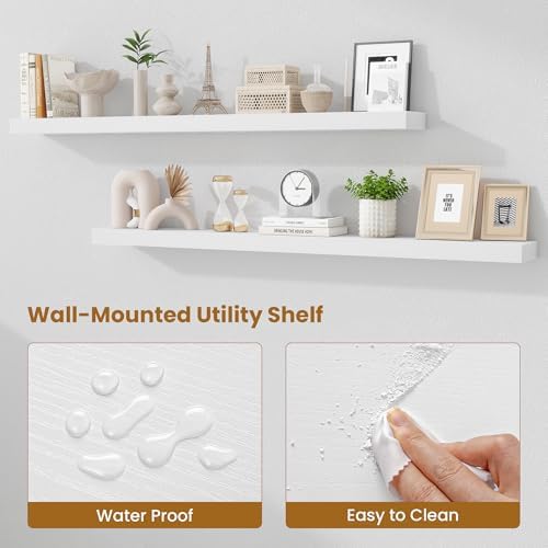 Fun Memories 67 Inch Fireplace Mantel Set of 2, Long Floating Shelf for Bedroom|Living Room, Wall Mounted Farmhouse Display with Invisible Heavy Duty Metal Bracket, White