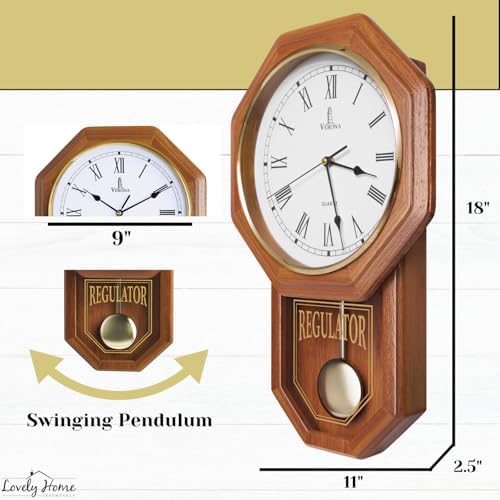 Pendulum Wall Clock Battery Operated, Real Wood Regulator Clock, Quiet