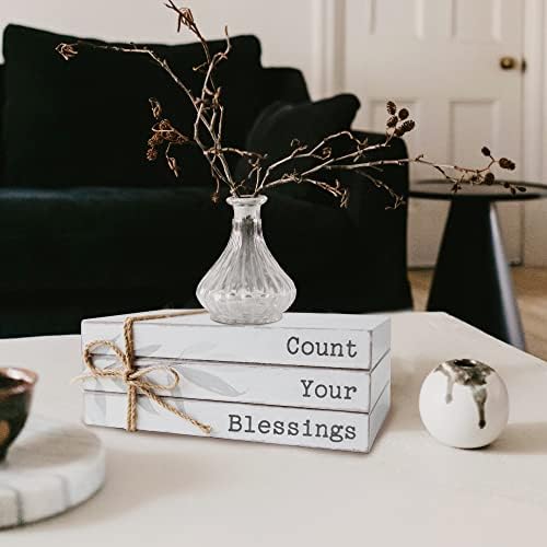GENMOUS Faux Decorative Books Set for Home Decor, Stacked Wood Faux Books with Wood Bead for Living Room, White Decorative Books for Shelf Decor, Mantel Decor, Farmhouse Decor （Bless）