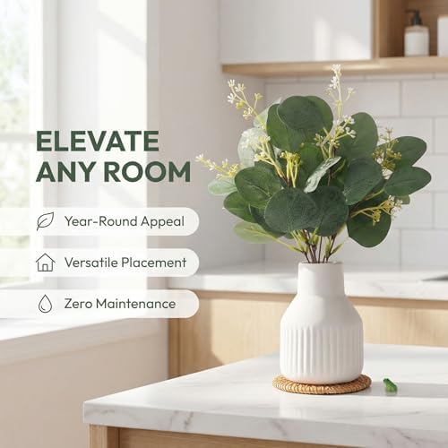 Artificial Eucalyptus Greenery Stems in Ceramic Vase,10Pcs Fake Plants Eucalyptus Leaves faux Plants for Centerpiece Table Decorations Home Room Decor office desk decor Greenery Decor indoor (White)
