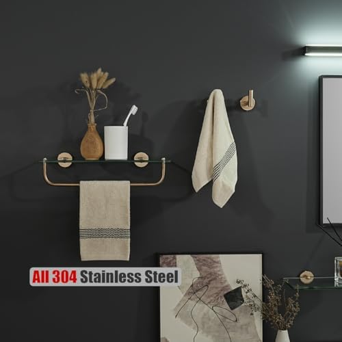 JQK Bathroom Glass Shelf, Shelf with 15 Inch Towel Bar Tempered Glass Shower Storage 16 by 5 inches, 304 Stainless Steel Champagne Bronze Wall Mount, TGS100L16-CB