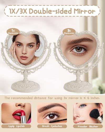 XPXKJ 7 Inch Vintage Heart Mirror - Elegant Desk Makeup Mirror with Double Sided 360 Degree Rotation Vanity Mirror for Coquette Room Decor
