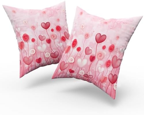 Giwawa Love Hearts Pillow Cover Set of 2 Red Pink Dots Heart Floral Cushion Covers Valentines Day Decorative Square Cotton Throw Pillowcases 18x18 Inches for Couch Sofa Bedding Wedding Holiday