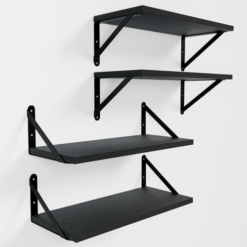 COCOYA Wall Shelves 7.3" Deep Solid Paulownia Wood (Black, Set of 4)
