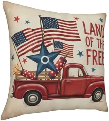 Patriotic Red Truck 4th of July Pillow Cover for Sofa, Couch, and Car