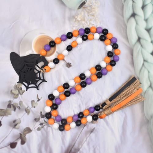 IMIKEYA Halloween Wooden Beads Garland: 2PCS Farmhouse Wood Bead Garland for Tiered Tray Farmhouse s Hanging Wood with Tassels Rustic s for Halloween Party Decor