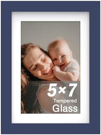 An&He 5x7 Picture Frame, Tempered Glass Wooden Photo Frame for Tabletop or Wall Display, Modern Home Décor – Dark Blue
