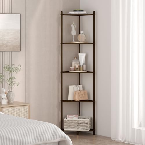 Wisuce Brown Tall Corner Shelf Stand, 5-Tier Bamboo Corner Bookshelf
