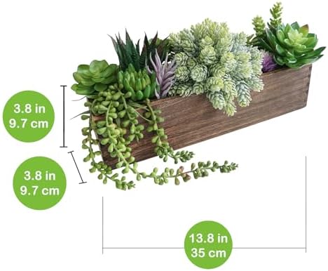 Winlyn 15" Assorted Artificial Succulent Arrangement Assorted Succulents in Rectangular Wooden Planter Faux Potted Plant for Farmhouse Table Centerpiece Windowsill Shelf Desk Mantel Greenery Décor