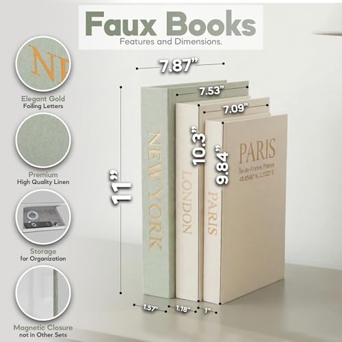 Faux Book Storage Box Set of 3—Green/Beige/Beige—Decorative Faux Books with Hidden Storage for Coffee Table Decor, Bookshelf or Mantle—Linen Decorative Boxes—Aesthetic Book Decor for Home