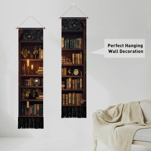 PLIGREAT 2 Pack Vintage Bookshelf Tapestry with Tassel Classic Library Wall Tapestry Vertical Wall Hanging for College Dorm Bedroom Living Room Long Narrow Home Hanging Decor, 46" x 13"