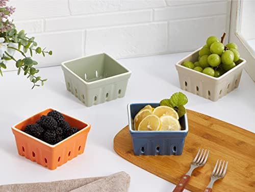ONEMORE Ceramic Berry Basket, Rustic Stoneware Berry Bowls Colander, Square Fruit Bowls for Kitchen Decor Set of 4, 4.5 inch, Assorted Color