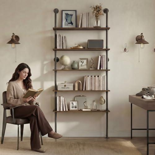 Merapi 5 Tier Rustic Industrial Pipe Floating Wall Shelves