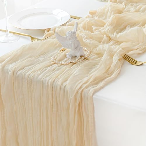 Sioloc Beige Cheesecloth Table Runner 120'' x 35'',Spring Easter Decor Soft Gauze Boho Wedding Table Decor for 10ft Table Birthday Party,Baby Shower, Bridal Shower, Home & Event Decor