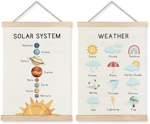 Supwhd Solar System Space Wall Decor, Nursery Wall Decor, Space Weather Chart Wall Art Educational Poster for Kids Room Classroom Preschool Decor, 12x16 Set of 2