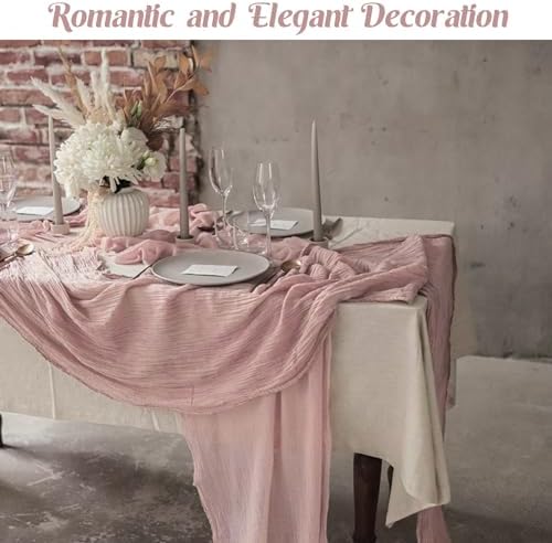 Dusty Pink 10FT Cheesecloth Table Runner Boho Gauze Fabric Table Runner Rustic Sheer Runner for Wedding Birthday Baby Shower Party Boho Table Decoration