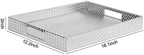 HofferRuffer Rectangle Serving Tray with Hole Handles for Coffee Table, Breakfast, Tea, Food, Butler - Countertop, Kitchen, Vanity Serve Tray, 16.2 x 12.2 x 2 inches, Faux Leather (Silver)
