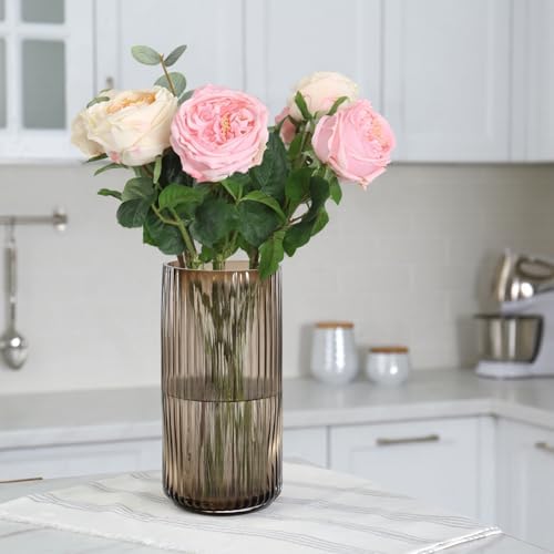 11 Inches Tall Amber Ribbed Vase for Flowers, Glass Vase for Centerpieces, Dining Table, Countertops, Entryway, Thick Decorative Vases for Home Decor, Living Room, Kitchen, Bedroom, Office