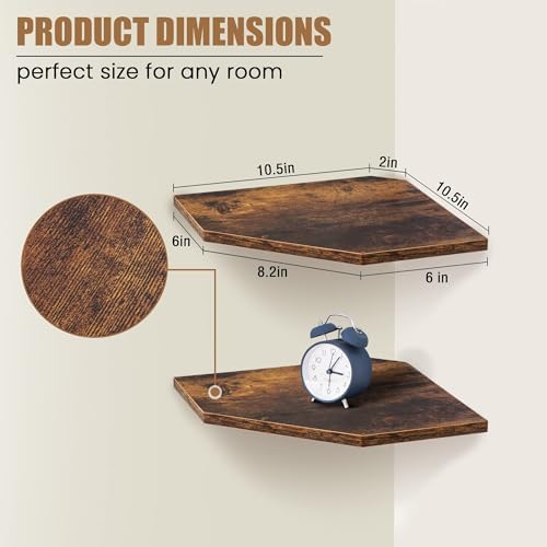 Fun Memories Corner Shelf Wall Mount, Floating Corner Shelves, Set of 2 Corner Wall Shelf Organizer, Rustic Wood Wall Storage Display Shelves for Living Room Bedroom Bathroom Kitchen, Rustic Brown