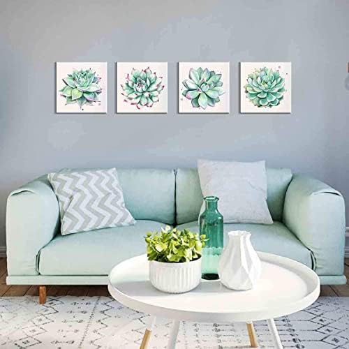 Succulent Wall Decor for Bathroom Mint Green Cactus Wall Art for Living Room Kitchen Accessories Nature Plant Wall Decor Tropical Botanical Leaf Canvas Pictures Bedroom Home Decorations 12x12" 4 Pcs