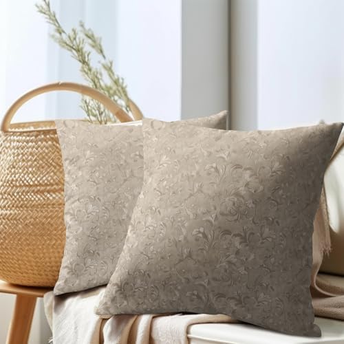 2 PCS Decorative Rustic Floral Throw Pillow Cover 16X16 Inch Pale Brown Block Print Farmhouse Cushion Covers Boho Fall Home Decor Neutral Accent Pillowcase for Living Room Chair Couch Outdoor