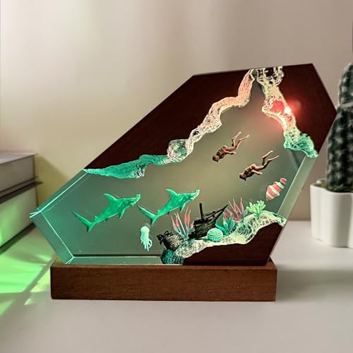 Handmade Hammerhead Shark Resin Ocean Lamp with Wooden Base
