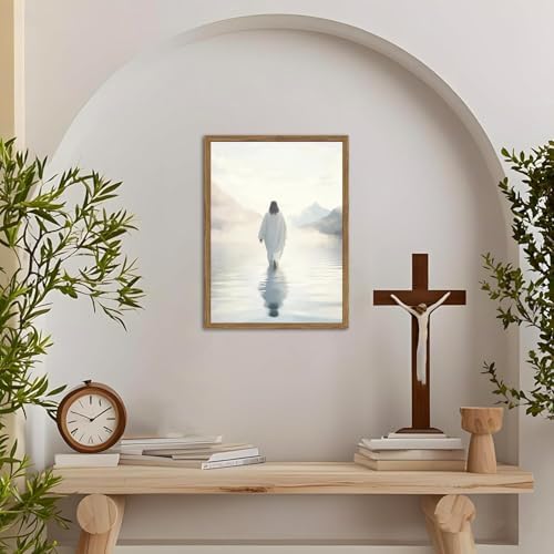 Jesus Walking on Water Wall Art White Jesus Wall Decor Christian Faith Painting 3D Textured Hand Drawn Sandstone Artwork for Living Prayer Room Bedroom 24x36 inch Wood Framed