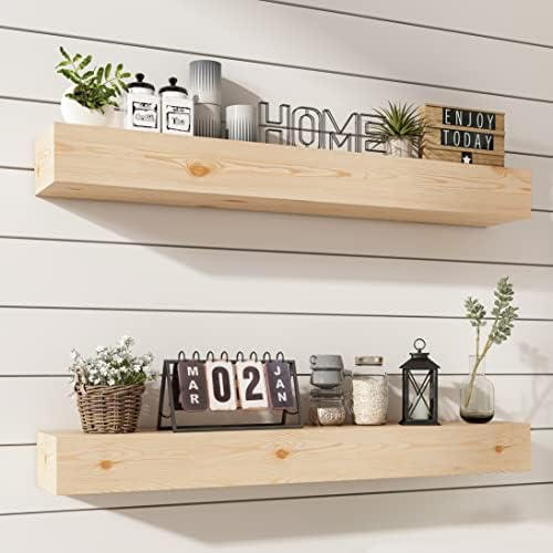 Wall Floating Shelves, Rustic Wood Shelf for Wall Mounted - Wooden Handmade Shelves for Bathroom Kitchen Livingroom - No Stain - DIY(Unfinished, 36 Inch - 2 Pack)
