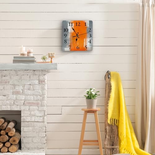 LOKMU Silent Non Ticking Clock 12 Inch, Square Wall Clock,Decorative for Living Room, Kitchen, Home,Bathroom, Bedroom, Office or School Grey and Orange Abstract Art Painting