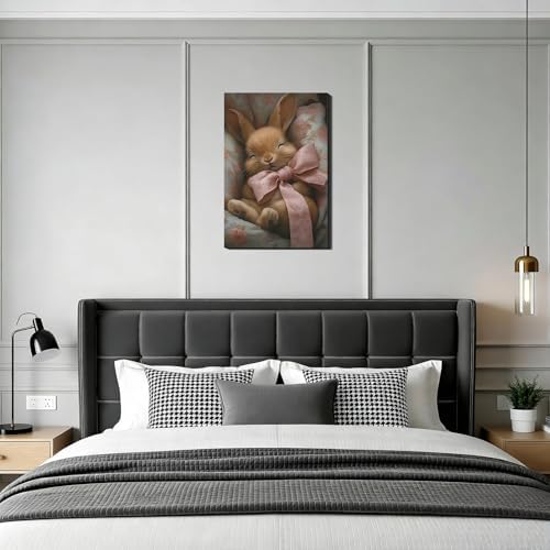 RIBNTAK Easter Rabbit with Pink Bow Canvas Wall Art 8x12, Bunny Pictures for Kids Room, Cozy Spring Easter Canvas Painting Prints Wall Decor, Holiday Artwork for Nursery Bedroom Decoration