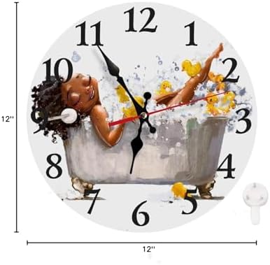LOKMU Silent Non Ticking Clock 12 Inch, Round Wall Clock,Decorative for Living Room, Kitchen, Home,Bathroom, Bedroom, Office or School, African Woman Taking Shower