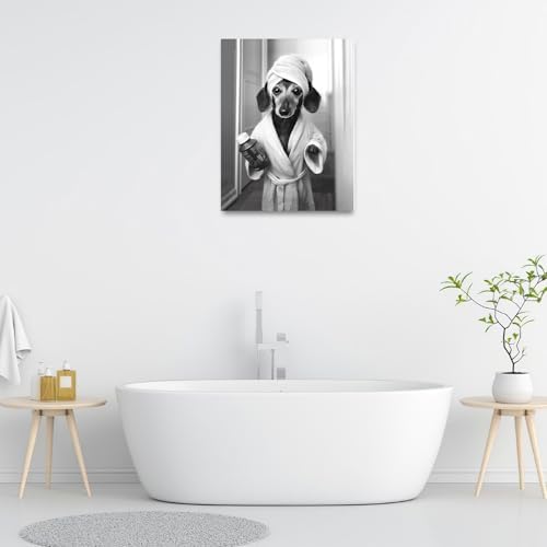 Crekviy Funny Dachshund Bathroom Decor Wall Art Black and White Dog Pictures Cute Weiner Dog Bathrobe Bathing Canvas Prints Painting Artwork Home Decorations Framed Gifts 16"x20"