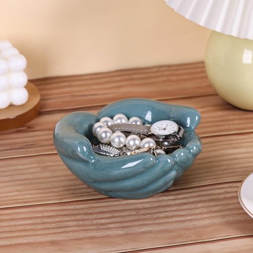 Ceramic Hands Bowl Dish Sculpture, Giving Hands Candy Holder for Succulent Planter, Crystal Rock Holder, Office, Keys Bowl for Entryway Table (Blue)