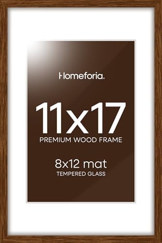 Homeforia 11x17 Brown Oak Picture Frame, High-End Wood, 8x12 Mat, Glass