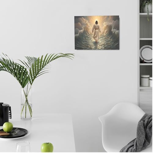 Jesus Walking on Water Wall Art Jesus Christian Spiritual Wall Decor Pictures Bible Story Canvas Prints Painting God Faith Artwork Decoration for Bathroom Bedroom Living Room Framed Gifts 12"x16"