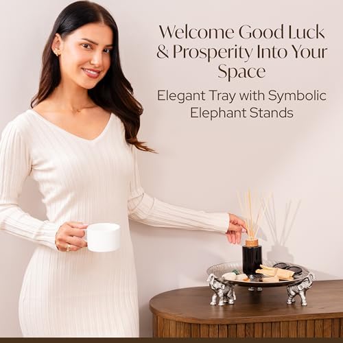 Round Tray with Elephant Stand – Silvery Decorative Tray for Coffee Table Tray, Dining Table Centerpiece Decor, Round Trays Home Decor, Serving Tray for Kitchen Counter Decor