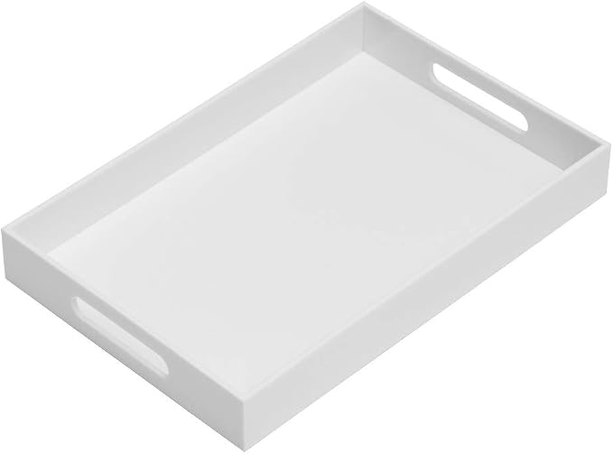 KEVLANG Glossy White Sturdy Acrylic Serving Tray with Handles-10x15Inch-Serving Coffee Appetizer Breakfast Butler-Kitchen Countertop-Makeup Drawer Organizer-Vanity Table Tray-Ottoman Tray