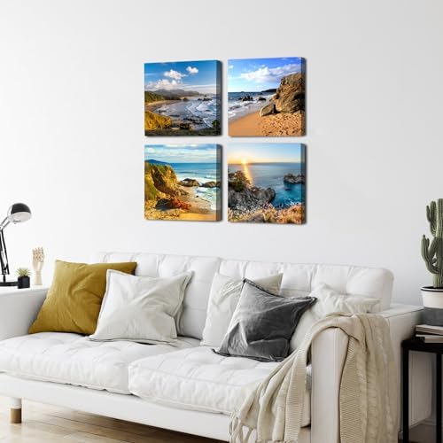 Oregon Coast Beach Wall Art Ocean Landscape Canvas Pictures Prints Coastal Wall Decor for Bathroom Living Room Kitchen Modern Home Decorations Nature Scenery Paintings Nautical Artwork 20x20” 4 Pcs