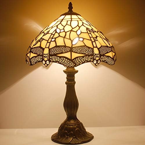 WERFACTORY Tiffany Lamp Cream Stained Glass Dragonfly Bedside Table Lamp